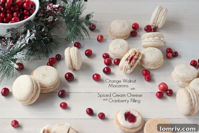 Two orange walnut macarons stacked, emphasizing their perfect 'feet' and appealing texture, making them irresistible.