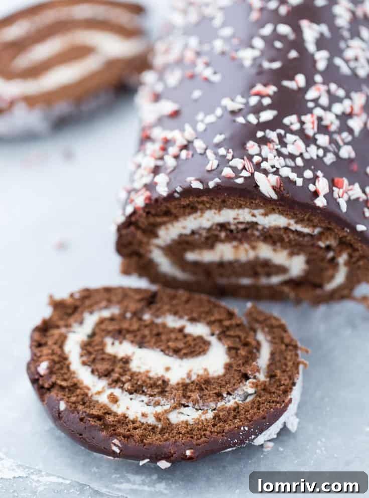 A classic chocolate genoise cake and peppermint frosting makes this peppermint chocolate roll cake an instant holiday favorite. 