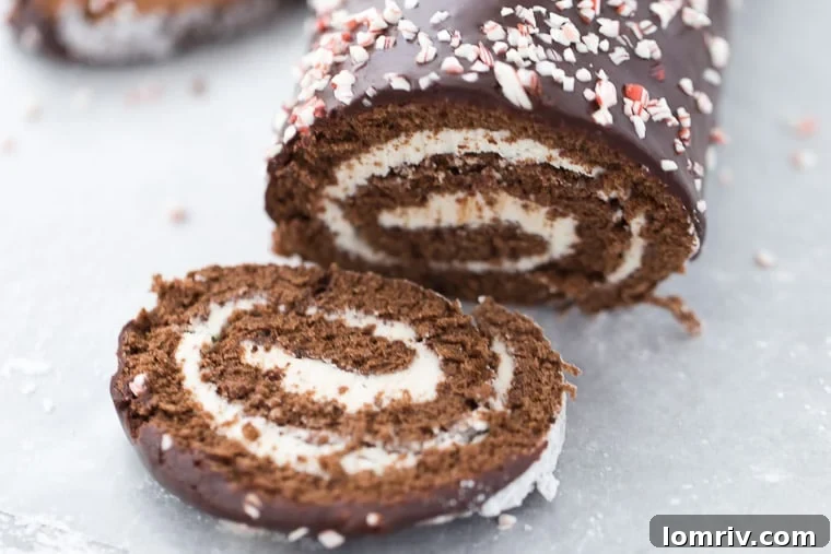 A classic chocolate genoise cake and peppermint frosting makes this peppermint chocolate roll cake an instant holiday favorite. 