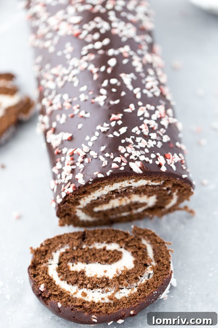 A classic chocolate genoise cake and peppermint frosting makes this peppermint chocolate roll cake an instant holiday favorite. 