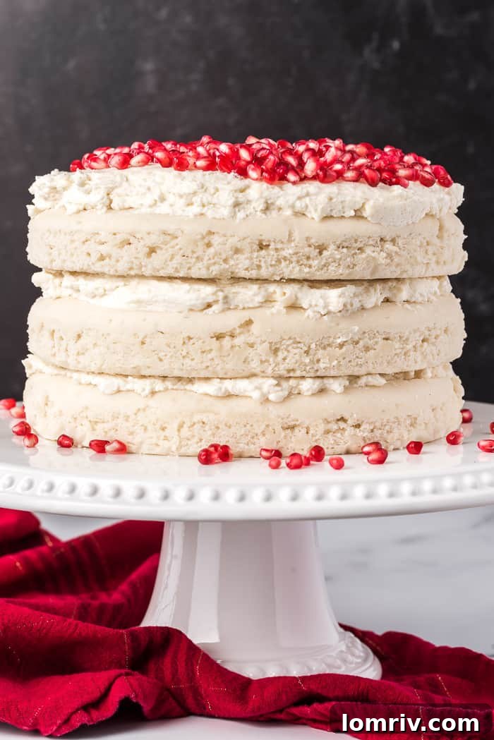 Moist White Chocolate Vanilla Cake with Pomegranate Seeds