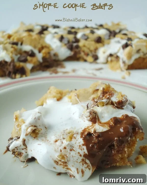 Gooey S'mores Cookie Bars with toasted marshmallows and chocolate