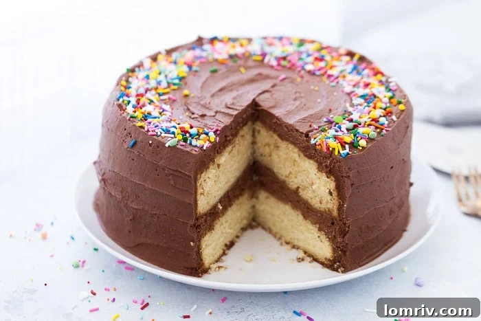 Classic Yellow Cake with Chocolate Frosting layers on a cake stand, ready to be served.