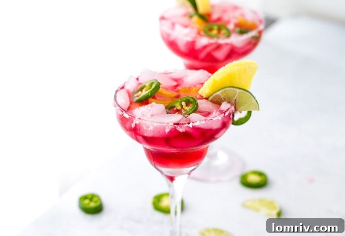 Close-up of a vibrant Hibiscus Margarita garnished with fresh pineapple and jalapeño slices, showcasing its inviting colors.
