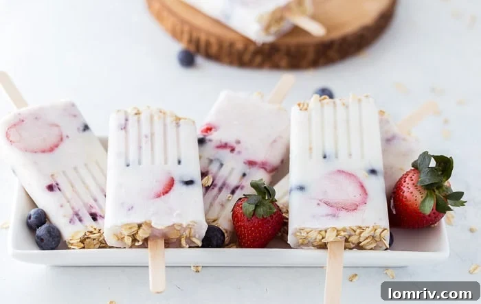 Grab-and-go Berry Greek Yogurt Breakfast Pops, packed with oats, fresh berries, and creamy Greek yogurt, offering a convenient and wholesome solution for busy mornings or healthy snacking.