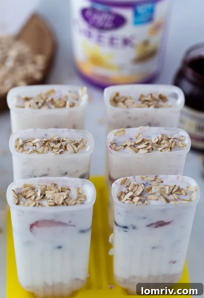 Indulge in these Triple Berry Greek Yogurt Breakfast Pops, a perfect blend of creamy yogurt, mixed berries, and wholesome oats, ideal for a refreshing and healthy breakfast.