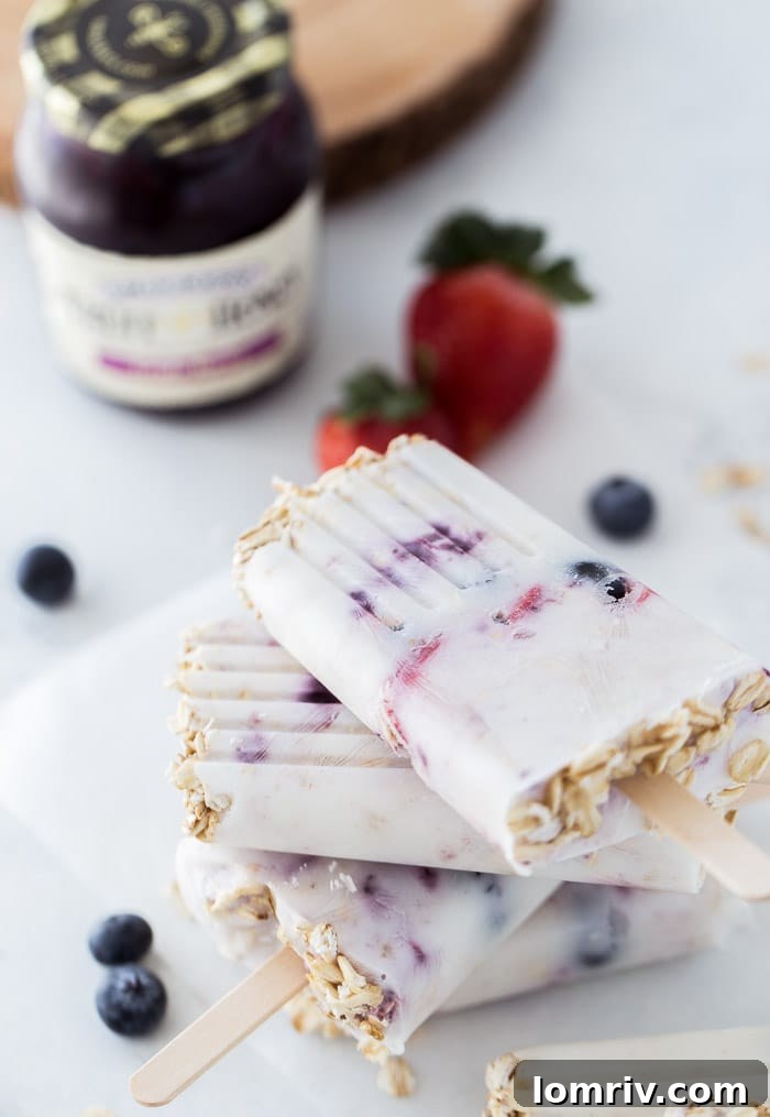Enjoy these nourishing Greek Yogurt Breakfast Pops, featuring a blend of creamy Dannon yogurt, hearty oats, and sweet berries, making for a perfect healthy start to your day.