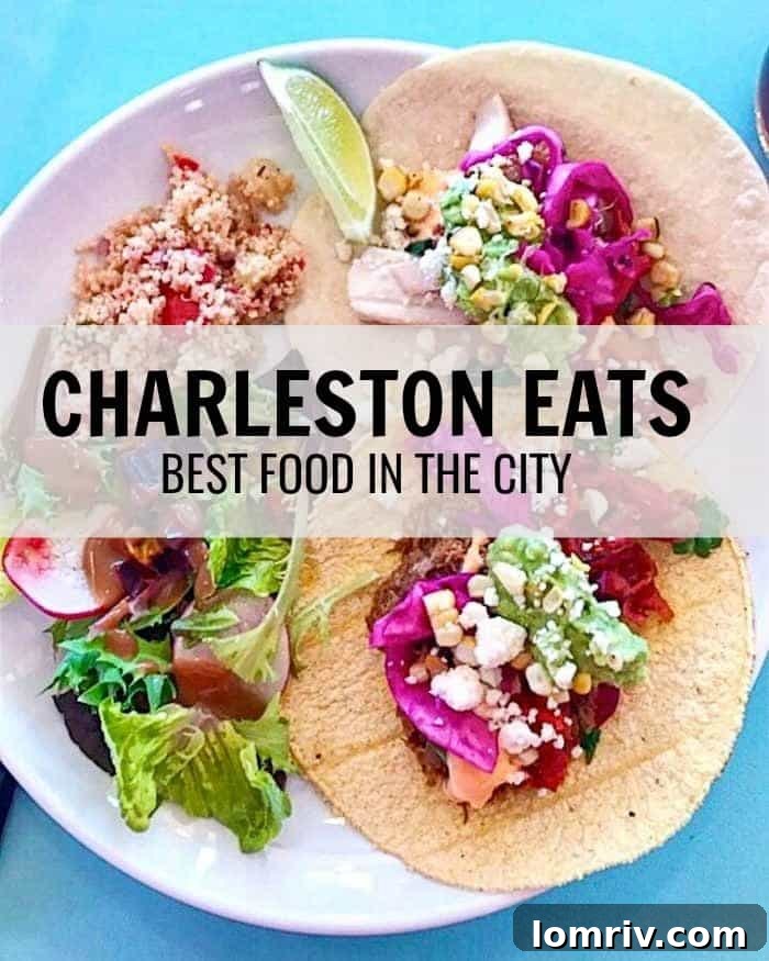 A beautiful collage showcasing Charleston's top culinary delights and vibrant city scenes, including delicious fried chicken, creamy shrimp & grits, and artisanal ice cream.