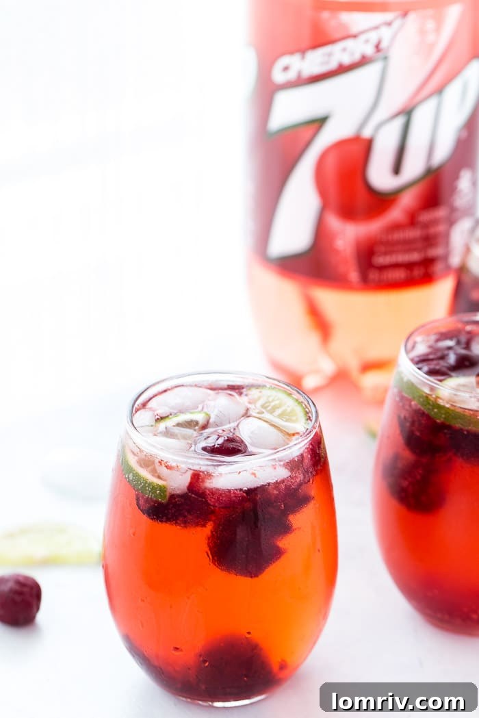 Made with fresh cherries, lime juice, a hint of almond extract and bubbling 7UP Cherry, this cherry almond sparkler is bursting with summer flavors. Garnished with fresh mint for a festive touch.