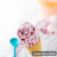 The perfect scoop of Blackberry Coconut Ice Cream, vibrant with fruit swirls.