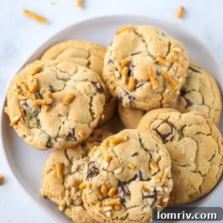Delicious Butterscotch Pretzel Chocolate Chip Cookies on a plate.
