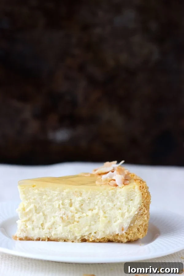 Close-up of a Slice of Piña Colada Cheesecake Revealing Layers of Crust and Creamy Filling
