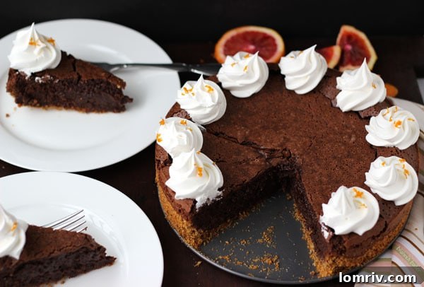 Close-up of a slice of Blood Orange Chocolate Truffle Torte, showing the distinct layers of crust and the dark, rich filling.