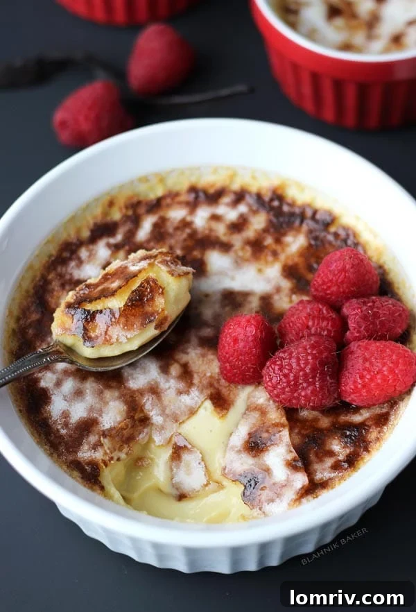 Multiple ramekins of Vanilla Bean Crème Brûlée ready for serving, highlighting the golden caramelized sugar