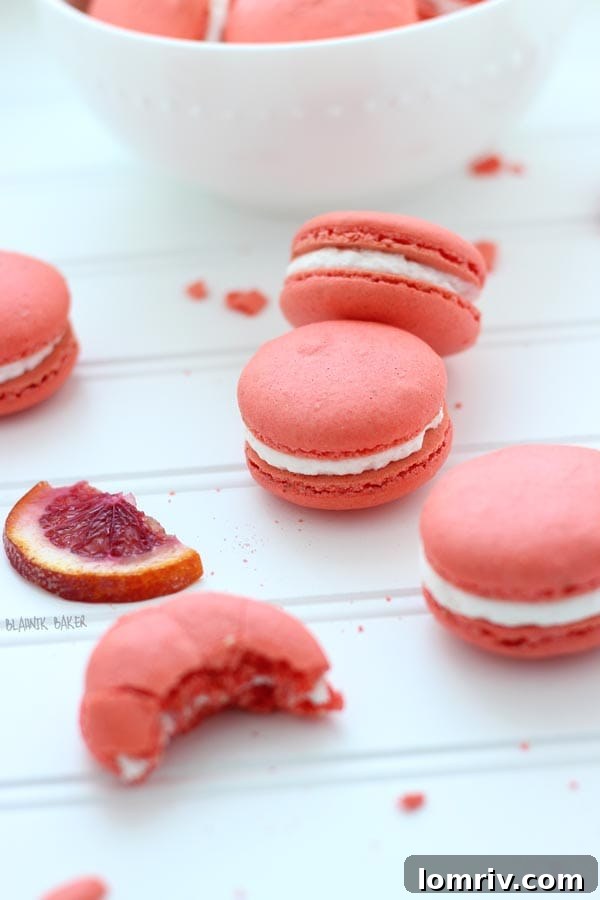 Close-up of freshly baked Blood Orange Walnut Macarons, showcasing their vibrant color and delicate texture.