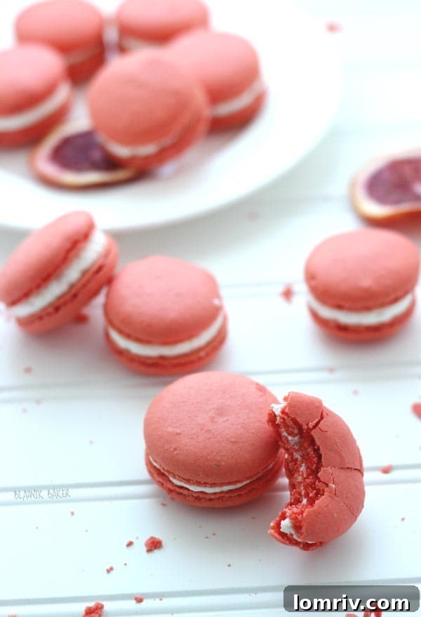 A stack of Blood Orange Walnut Macarons, displaying their uniform size and delightful color.