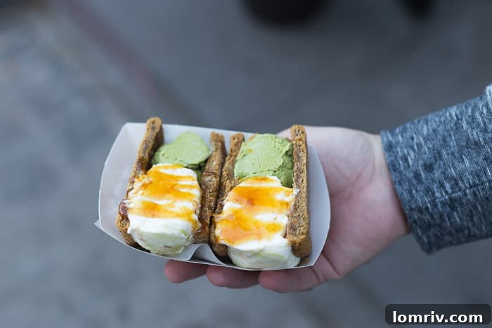 A custom-made ice cream taco from Booyah, featuring a ginger cookie shell with scoops of matcha and burnt butterscotch ice cream, a creative dessert in Toronto.