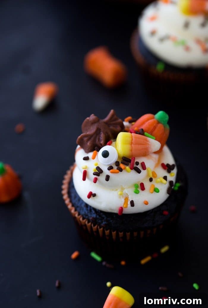 Delicious and festive chocolate Halloween cupcakes, made effortlessly with a one-bowl recipe and simple holiday decorations. Perfect for parties and family fun.