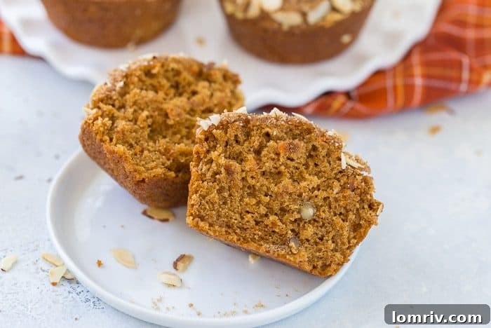 A trio of pumpkin spice carrot muffins with streusel topping, showcasing their moist interior and hearty ingredients, ready to be enjoyed.