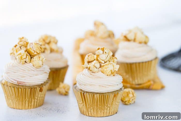 Close-up of fluffy caramel frosting on a brown butter cupcake