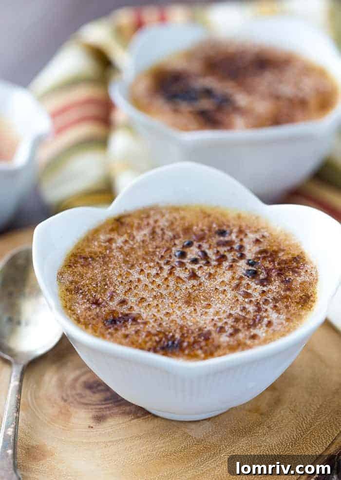 Delicious Honey Caramel Creme Brulee with a perfectly torched cinnamon sugar topping