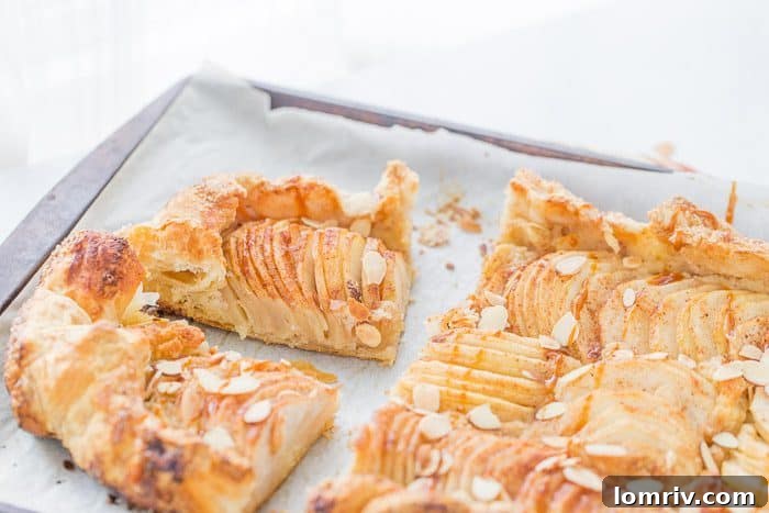 Close-up view of the golden-brown crust and beautifully arranged pear slices on a pear almond galette, showcasing the texture and inviting warmth of this autumn treat.