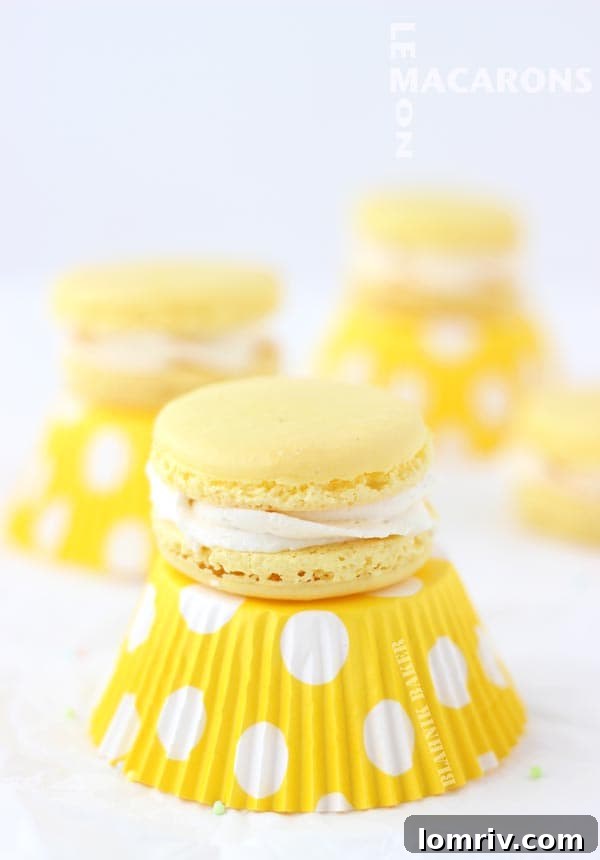 Close-up of freshly baked Lemon Macarons, showcasing their delicate shells