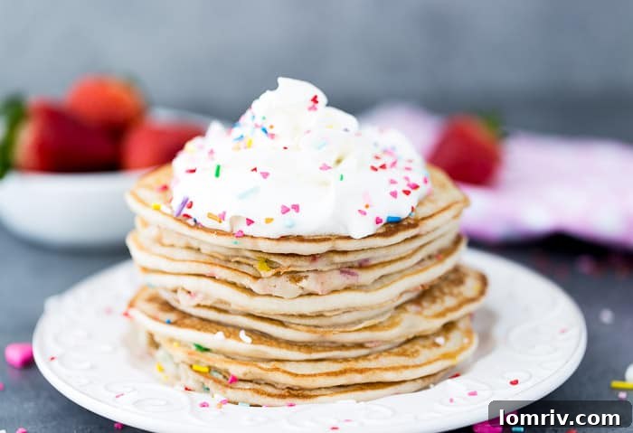 A beautiful stack of Funfetti Buttermilk Pancakes, garnished with whipped cream and colorful jimmies.