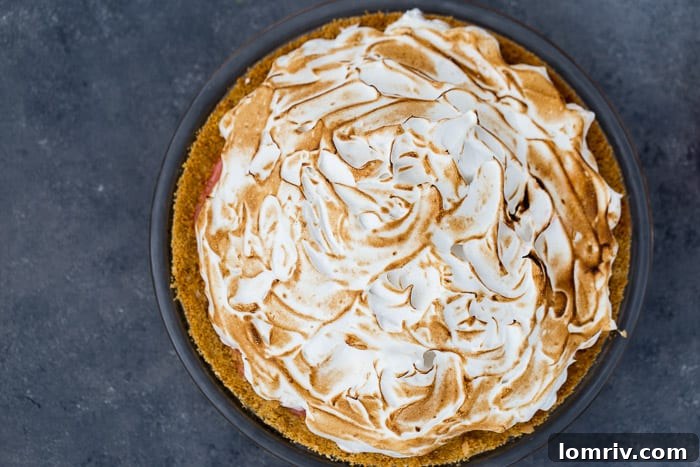 Close-up of Blood Orange Meringue Pie slice, showcasing the vibrant filling and fluffy meringue.