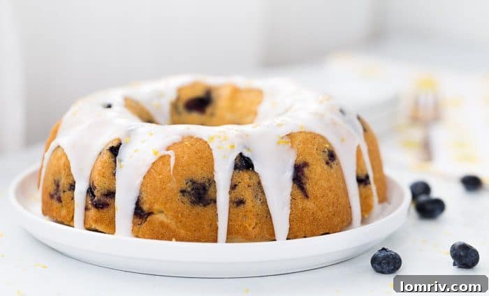 Close-up of a slice of Blueberry Lemon Pound Cake, showcasing its moist texture and abundant blueberries.