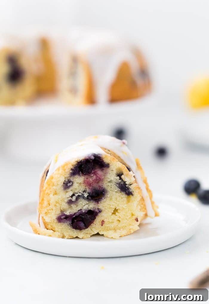 Overhead view of a beautiful Blueberry Lemon Pound Cake on a cooling rack.