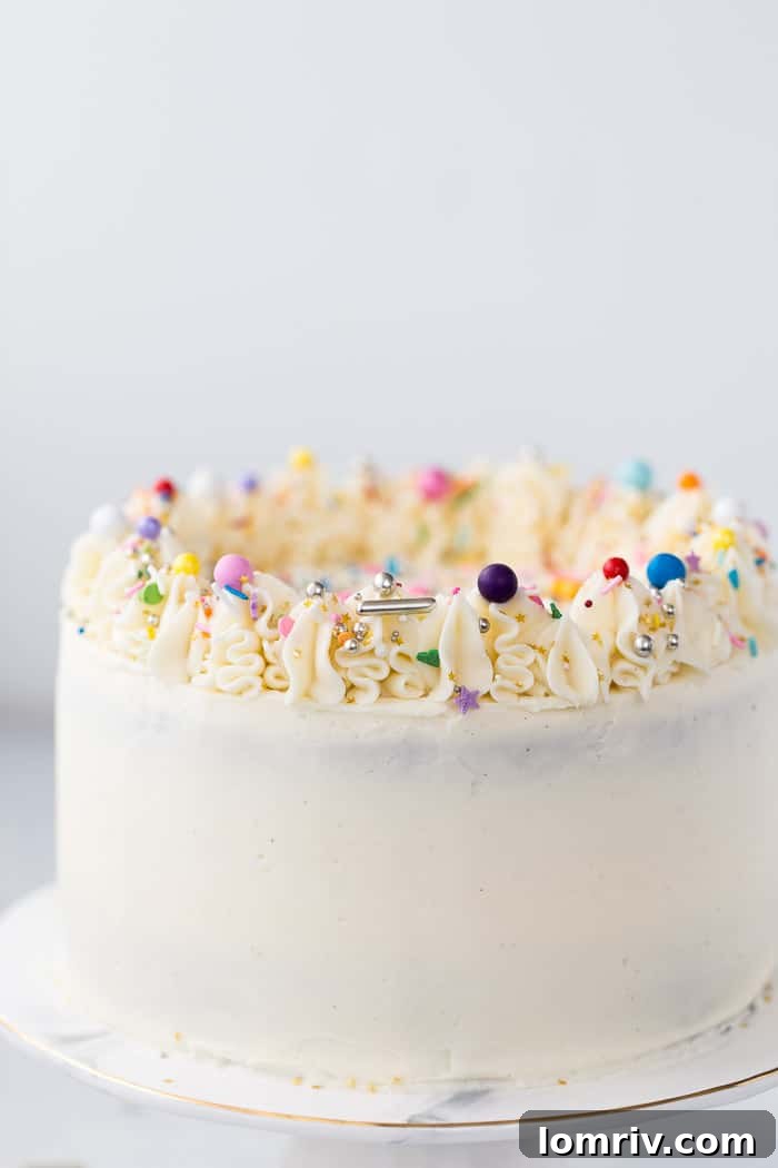 Decadent chocolate cake frosted with creamy vanilla buttercream