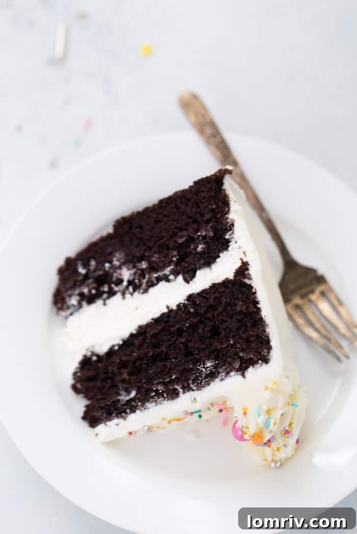 Chocolate cake with vanilla buttercream frosting, ready to serve