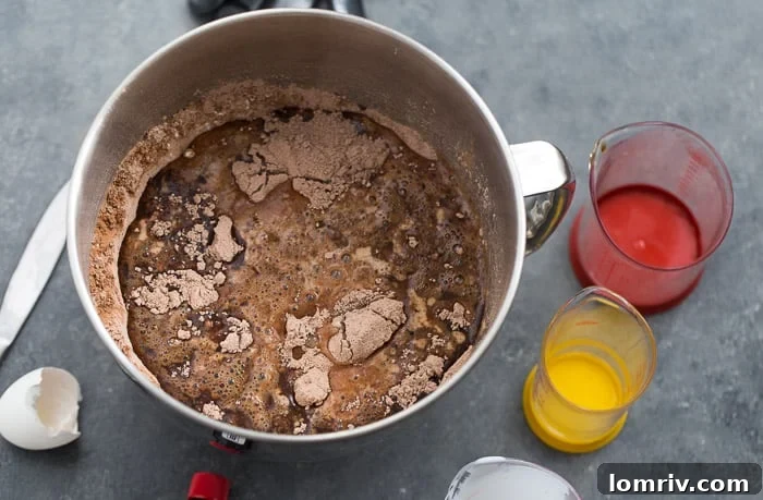 Array of wet ingredients for a perfect one bowl chocolate cake