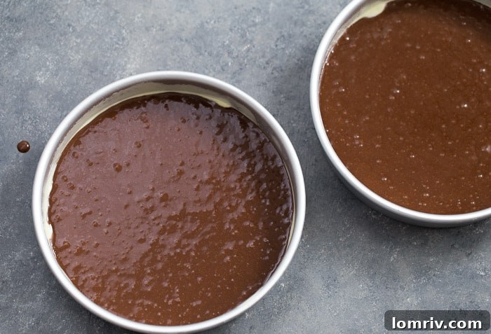 Chocolate cake batter poured into two round baking pans