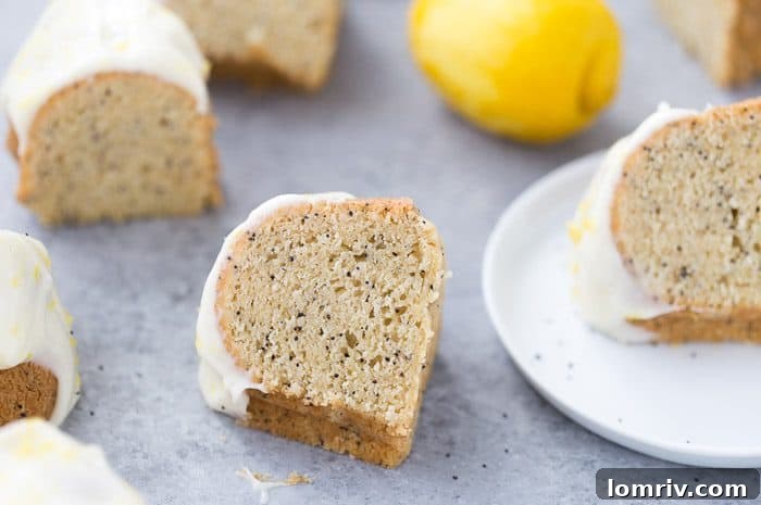 Overhead view of a lemon poppy seed bundt cake, showing the intricate design of the bundt pan.