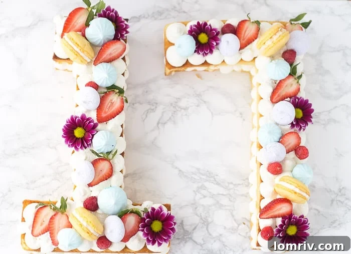 A beautifully decorated number cake, adorned with fresh flowers, macarons, and meringue kisses, ready for a celebration.