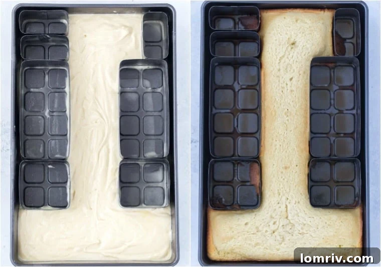 Freshly baked cake in the number '1' shape cooling in the modular pan before being inverted.