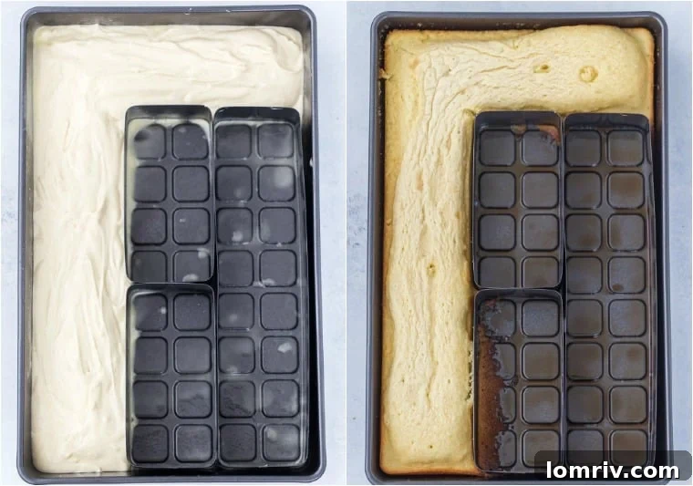 A baker using a wire cake leveler to slice a number '1' cake into two even layers for filling.