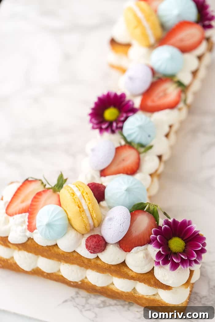 A stunning completed number cake, richly decorated with an array of fresh flowers, colorful macarons, and delicate meringue cookies.