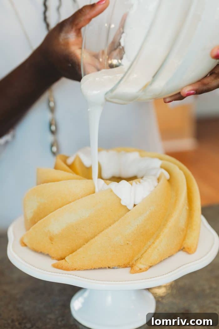 Close-up of Coconut Lavender Bundt Cake with glaze