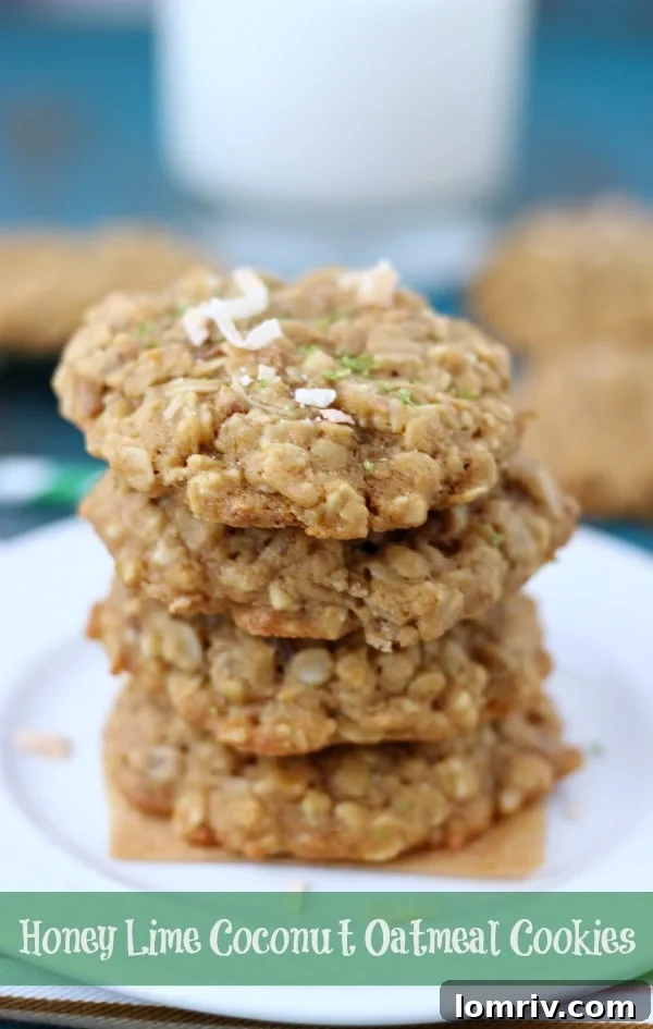 Honey Lime Coconut Oatmeal Cookies - A delightful blend of sweet honey, zesty lime, and tropical coconut in a chewy oatmeal cookie.
