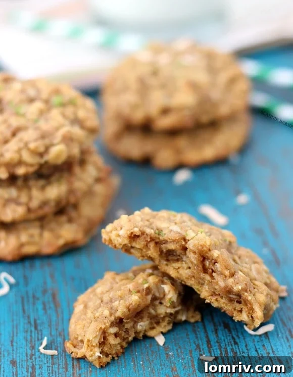 Close-up of Honey Lime Coconut Oatmeal Cookies showing soft texture and coconut flakes.