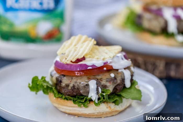 Two Ranch Burgers on a wooden board