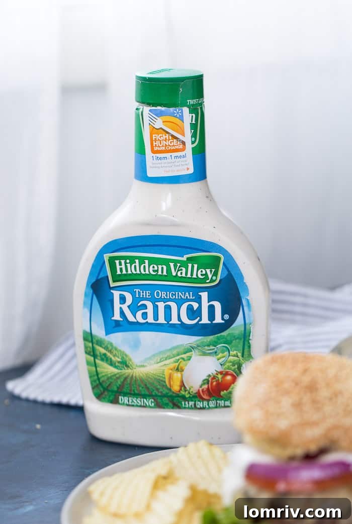 Side view of a tall, loaded Ranch Burger