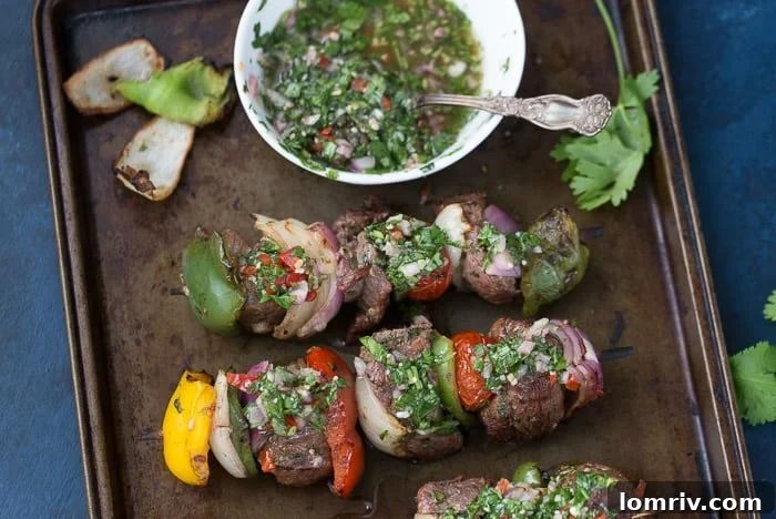 Beef Kebabs with Chimichurri Sauce - Close up of Grilled Meat and Vegetables
