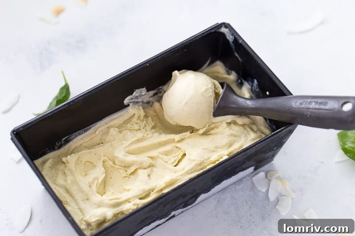 Scoops of Coconut Basil Ice Cream in a bowl
