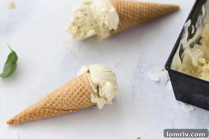 Close-up of creamy Coconut Basil Ice Cream