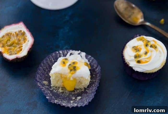 Tropical Passion Fruit Cupcakes on a serving tray