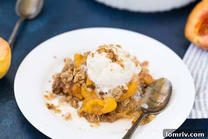 Close-up of baked peach crumble filling